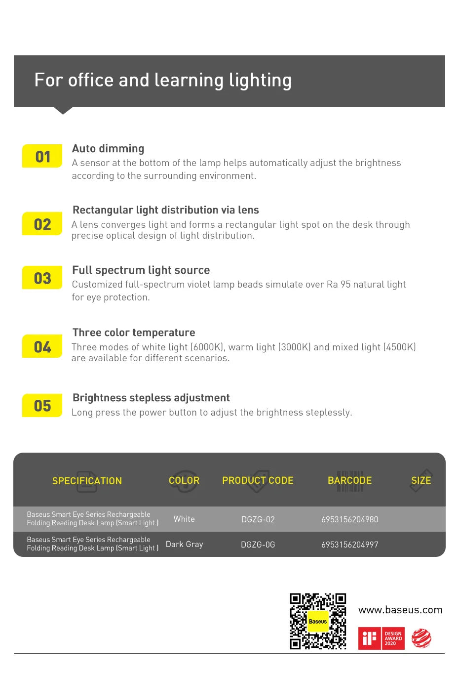 Lamp LED Smart Adaptive Brightness Bedside Read Lamp