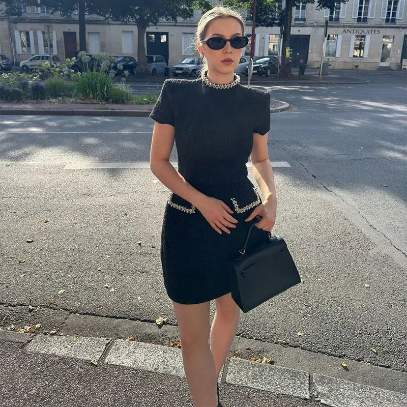 Luxurious Black Tweed Party Dress for Women