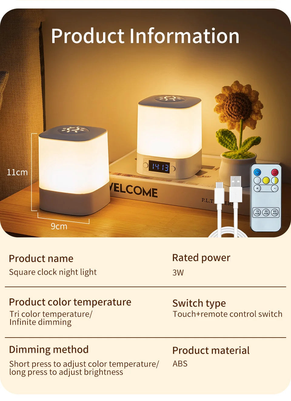 Hot sale ️🛒4-in-1 LED Night Light with Clock & Remote – Rechargeable Bedside Lamp