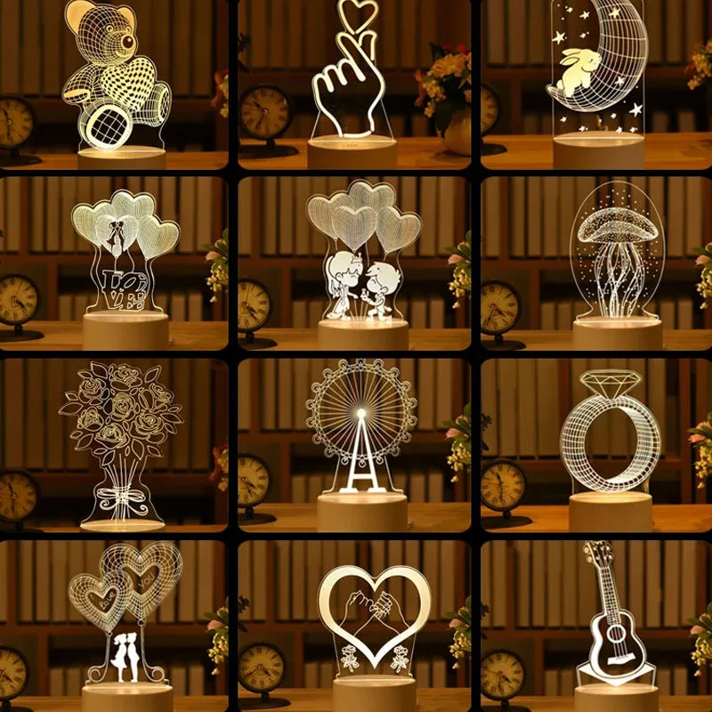 Romantic 3D Acrylic LED Night Light – Heart & Love Design for Bedroom or Kids' Room