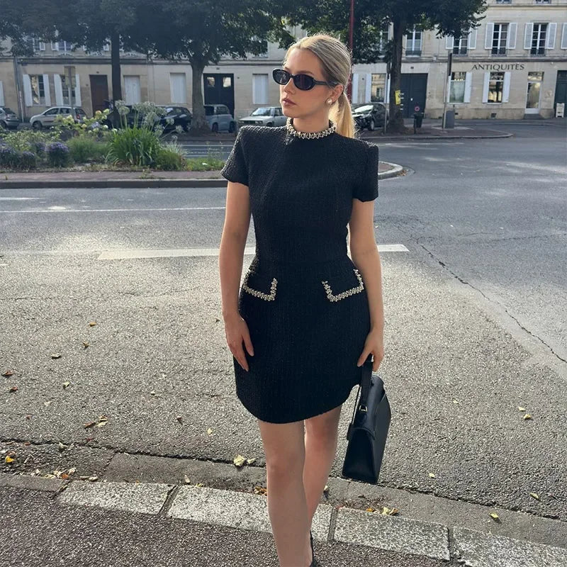 Luxurious Black Tweed Party Dress for Women