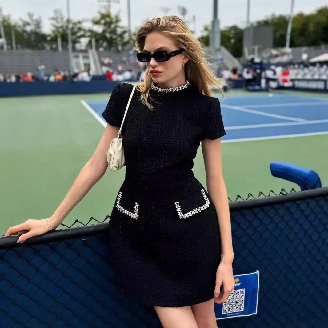 Luxurious Black Tweed Party Dress for Women