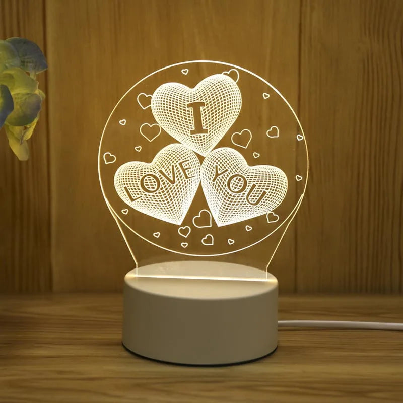 Romantic 3D Acrylic LED Night Light – Heart & Love Design for Bedroom or Kids' Room