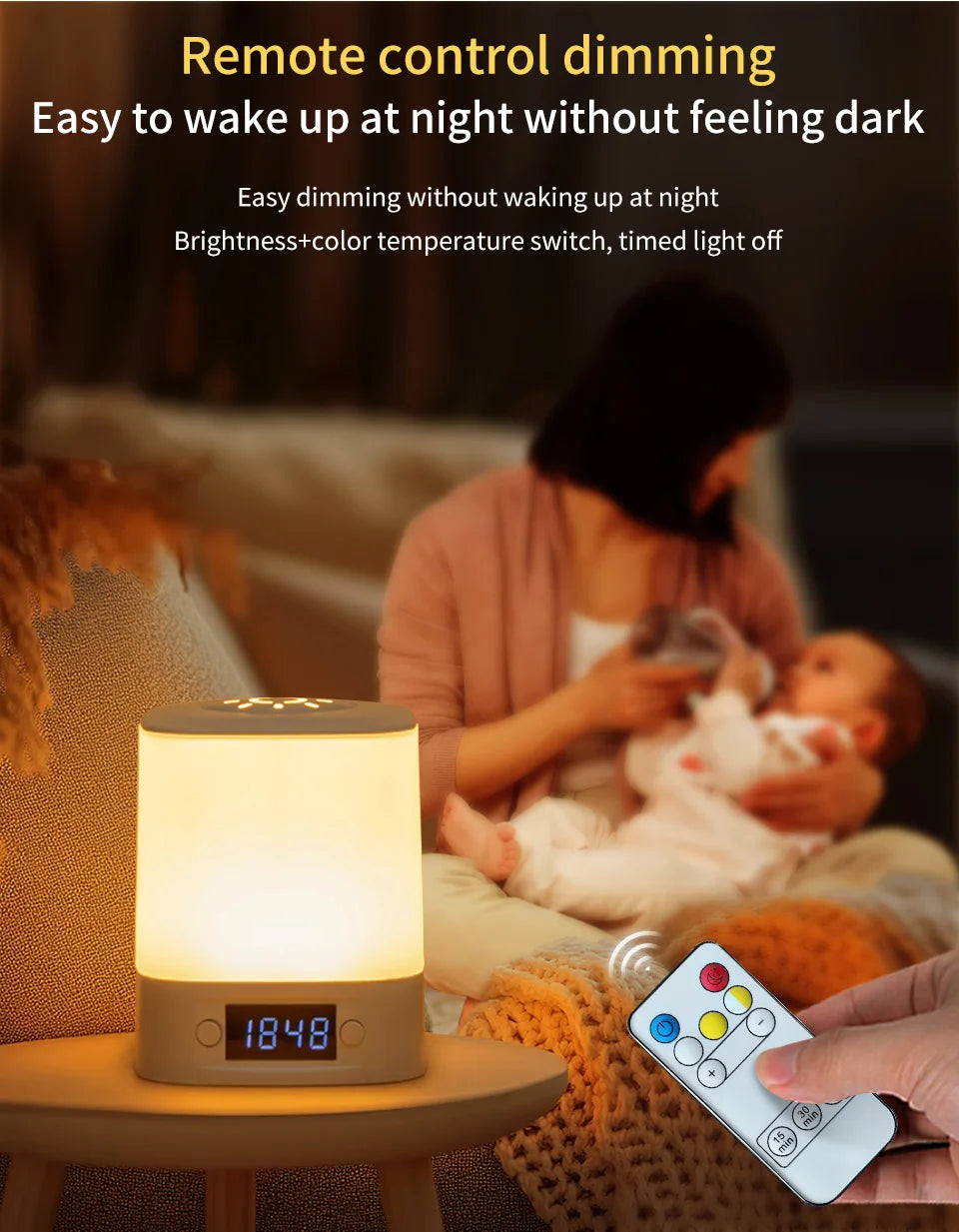 Hot sale ️🛒4-in-1 LED Night Light with Clock & Remote – Rechargeable Bedside Lamp