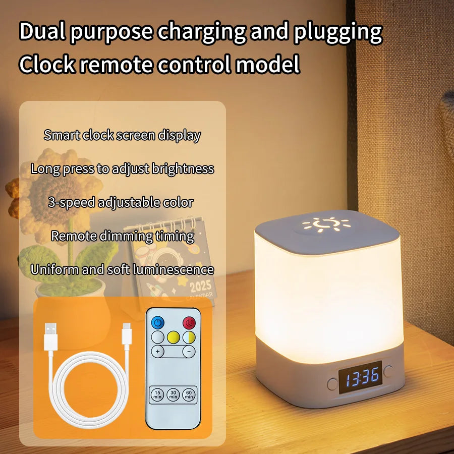 Hot sale ️🛒4-in-1 LED Night Light with Clock & Remote – Rechargeable Bedside Lamp